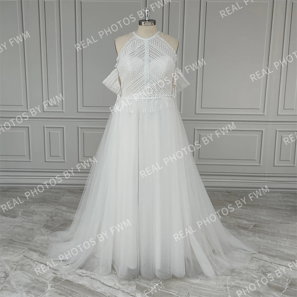 10743# Real Photos Boho Detachable Sleeves Appliques Lace Tassels A-line Wedding Dress Illusion Back Tulle Bride Gown for Women