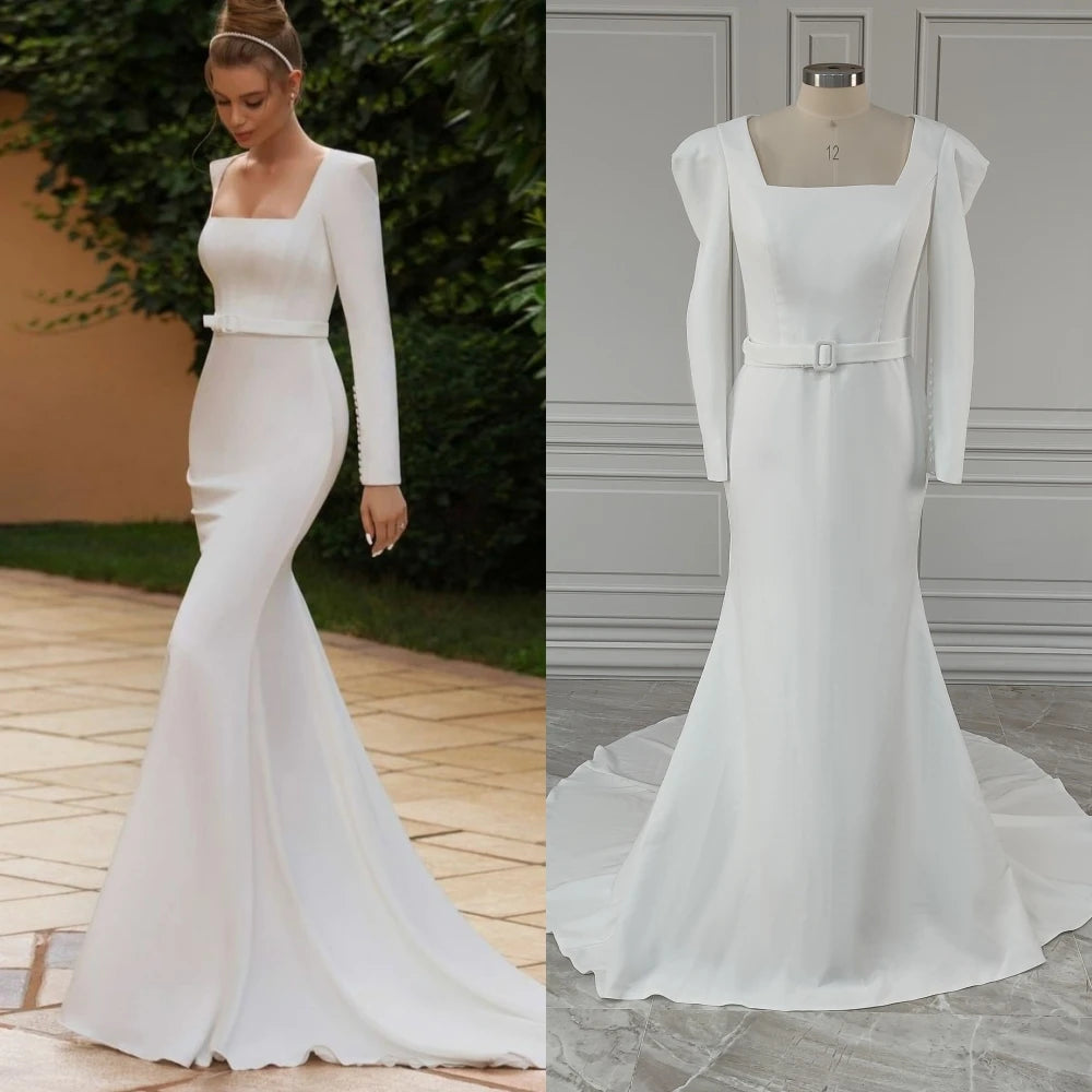 Real Photos High Quality Full Sleeves Square Collar Mermaid Satin Wedding Dress With Belt Sweep Train Bride Gown for Women