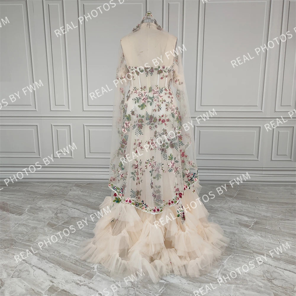 Real Photos Unique Off Shoulder Flower Appliques Lace Ruffles Tulle A-line Wedding Dress With Veil Bride Gown for Women 12970
