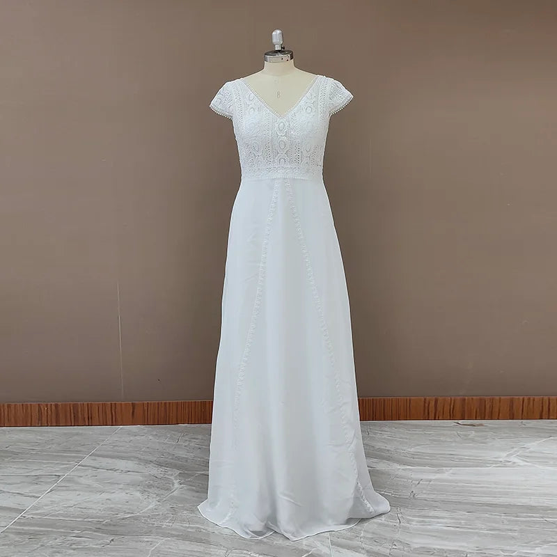 9699# Real Photos Boho Lace Chiffon Wedding Dresses V Neck Backless Beach Bride Gown for Women Cap Sleeve Sweep Train Bohemian