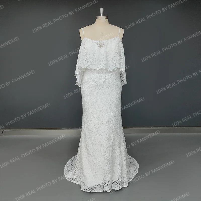 100% Real Photos Simple Off Shoulder Backless Flare Sleeve Lace Beach Wedding Dress for Woman Boho Bridal Gown for Wedding