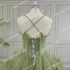 Real Photos Green Spaghetti Strap Ruffles Tulle Ball Gown Birthday Party Dress Women Prom Evening Dresses for Wedding