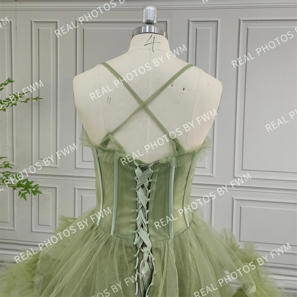 Real Photos Green Spaghetti Strap Ruffles Tulle Ball Gown Birthday Party Dress Women Prom Evening Dresses for Wedding