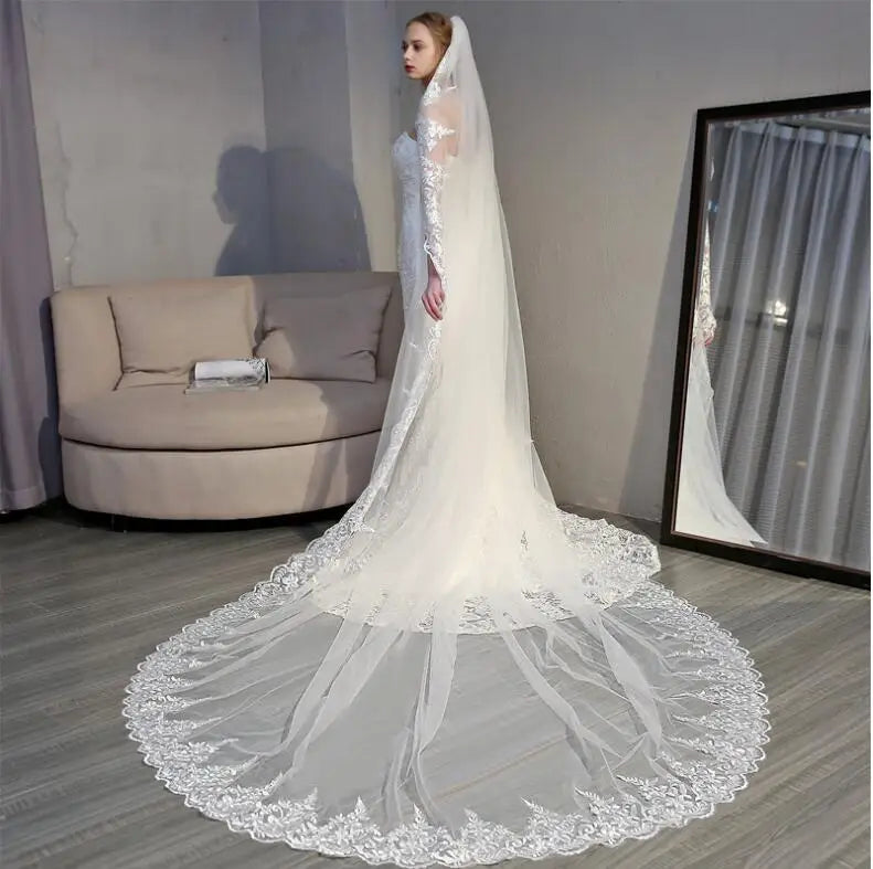 One Layer 3.5 *3 Meters Long Cheap Lace Long Bridal Soft Tulle Lace Veil Wedding Veil  Bridal Veil Wedding Accessories