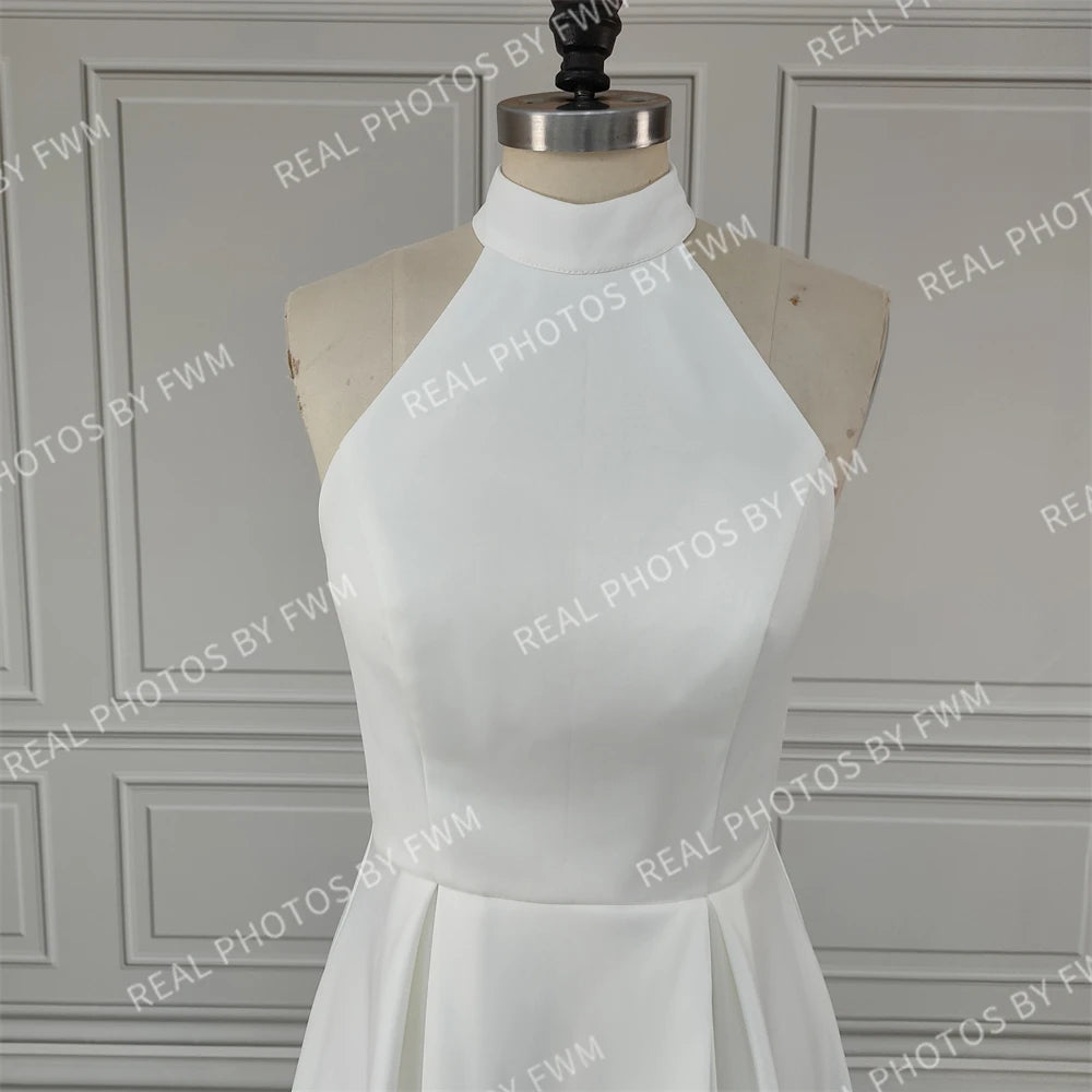 Real Photos Simple Halter Neck Backless A-line Wedding Dress Elegant High Low Satin Bride Gown for Women
