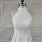 Real Photos Simple Halter Neck Backless A-line Wedding Dress Elegant High Low Satin Bride Gown for Women