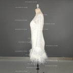 8990#Real Photos Exquisite Illusion Lace Backless Boat-neck Short Wedding Evening Dress Elegant Feather Long Sleeve Bridal Gown