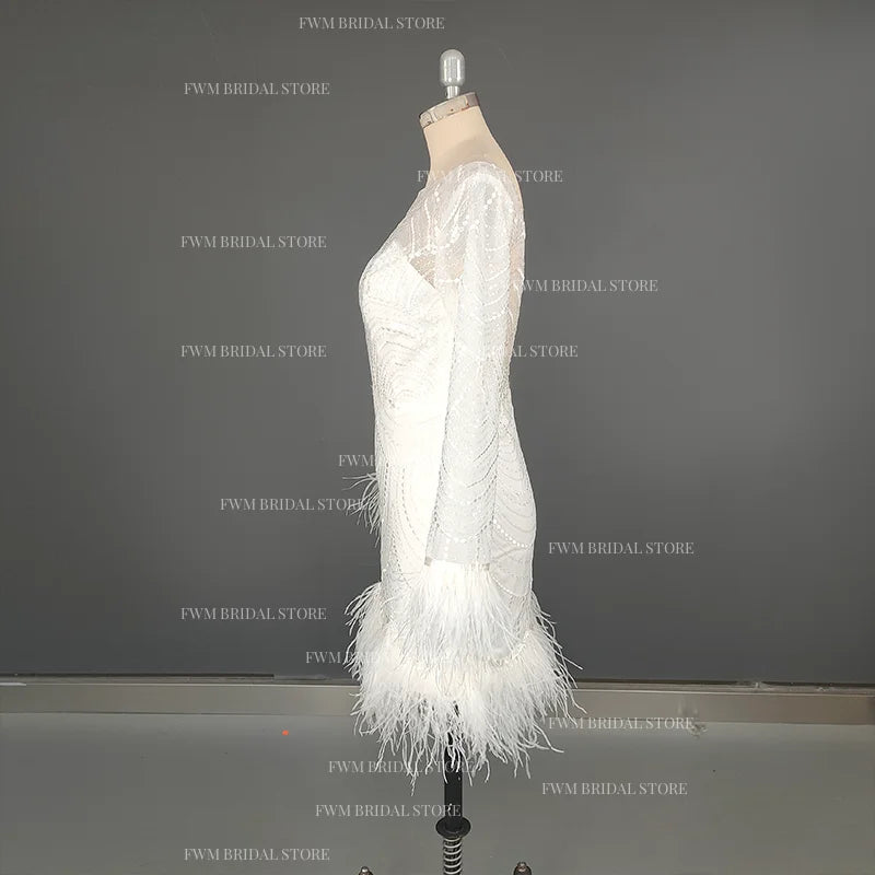 8990#Real Photos Exquisite Illusion Lace Backless Boat-neck Short Wedding Evening Dress Elegant Feather Long Sleeve Bridal Gown