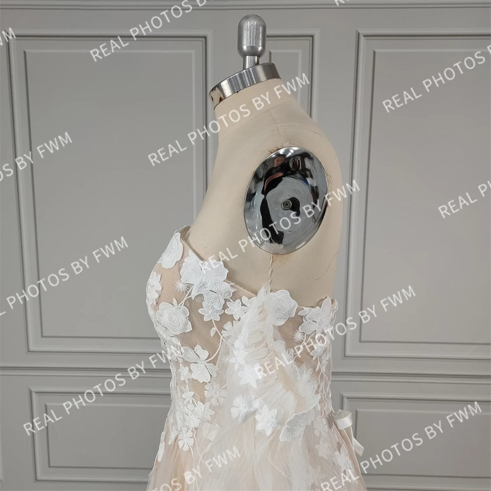 #2220 Real Photos Boho Detachable Puffy Sleeves Appliques Lace Strapless Wedding Dress for Women Pleated Tulle  Bridal Gown