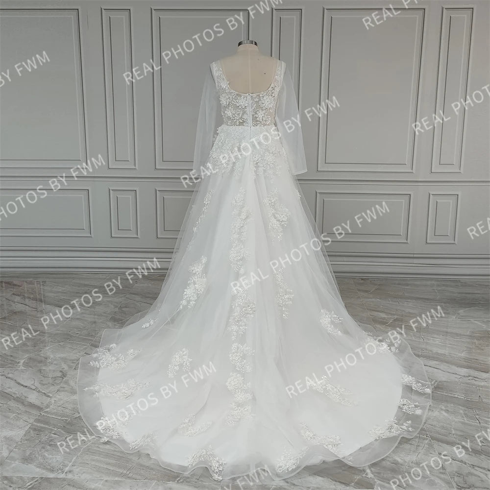 Real Photos Beach Spaghetti Straps 3D Flowers Sequined Lace Tulle A-line Wedding Dress Bride Gown for Women