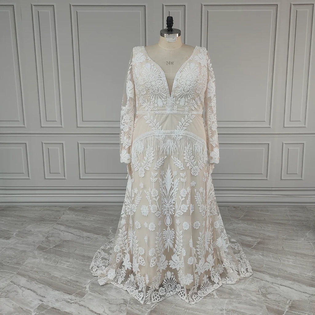 12582# Real Photos Bohemia Sweep Train V-Neck A-line Wedding Dress Appliques Lace Bridal Gown With Tassel Puffy Sleeves