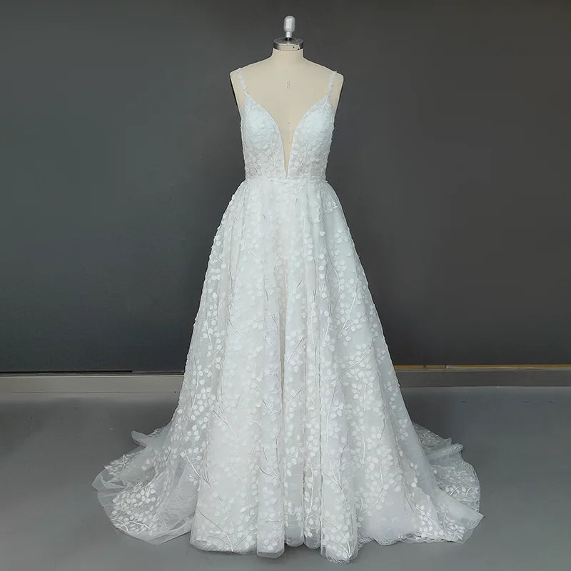 Real Photos Elegant Spaghetti Straps 3D Lace Wedding Dress Sleeveless Low Back Illusion Deep V-Neck Bridal Gown for Women