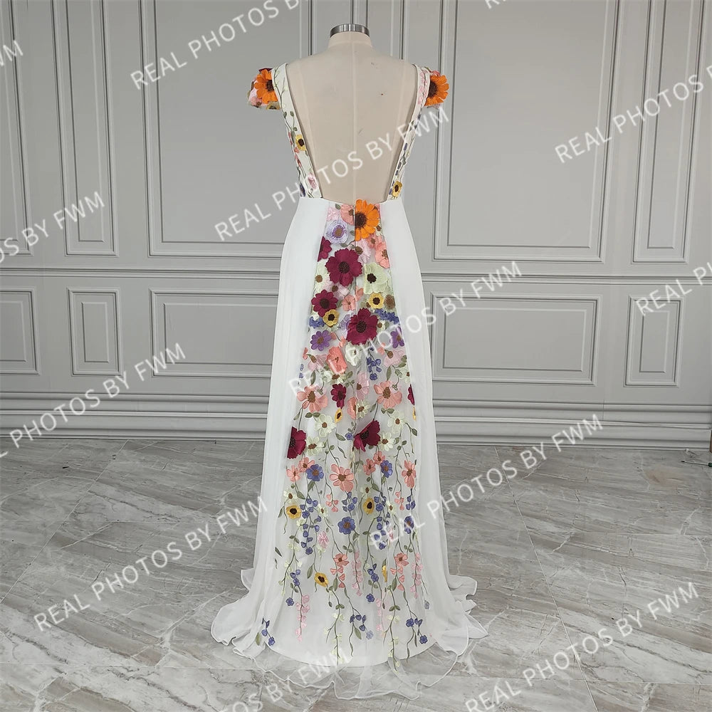 10808# Real Photos Pastrol Cap Sleeves V-Neck Floral Appliques A-line Chiffon Wedding Dress for Women Backless Bridal Gown
