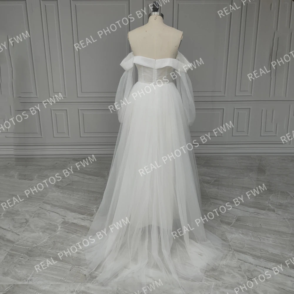 11894# Real Photos Puffy Sleeves Sweetheart Illusion Back High Side Slit A-line Tulle Women's  Wedding Dress Bridal Gown