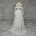 11894# Real Photos Puffy Sleeves Sweetheart Illusion Back High Side Slit A-line Tulle Women's  Wedding Dress Bridal Gown