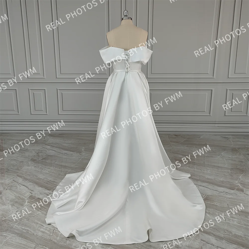 Real Photos High Quality Off Shoulder High Side Slit Satin A-line Wedding Dress for Women Bride Gowns Vestido De Novia