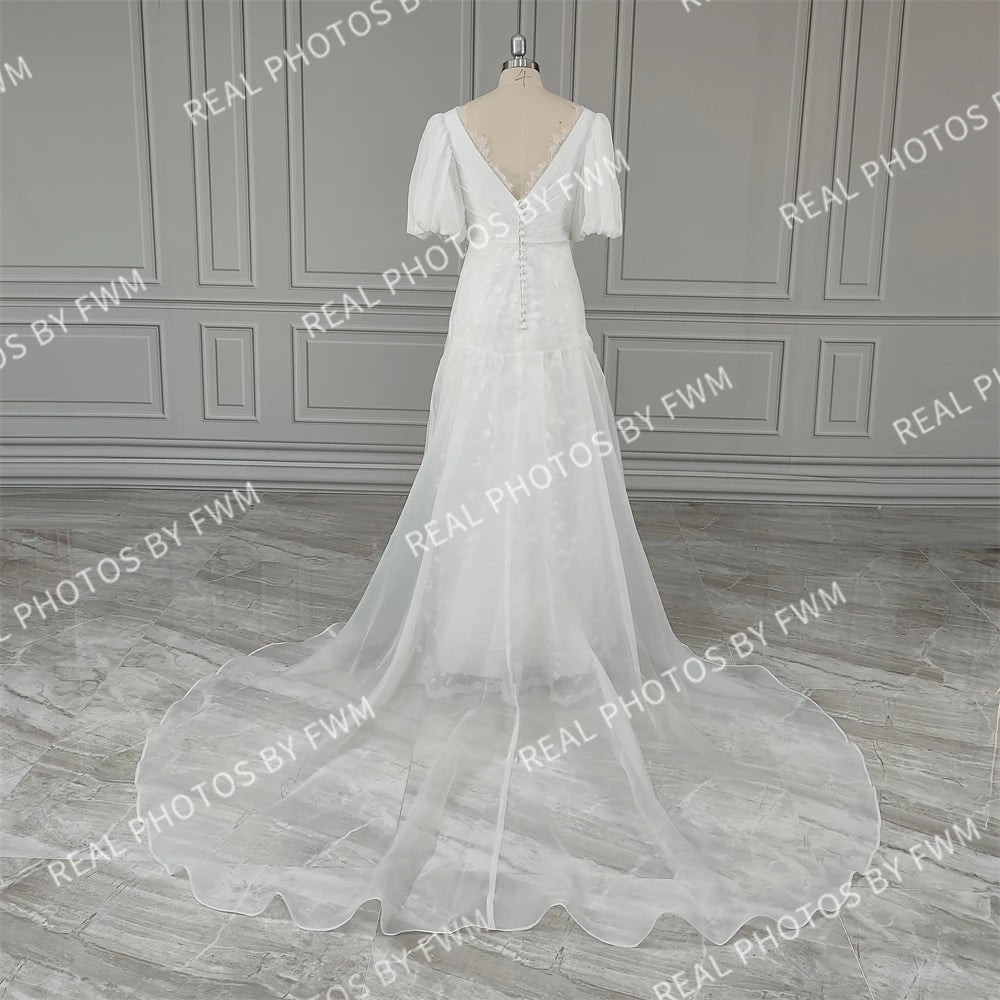 2352# Real Photo Simple V-Neck Puffy Sleeves A-line Organza Wedding Dress Backless Lace Bride Gown for Women Evening Dress