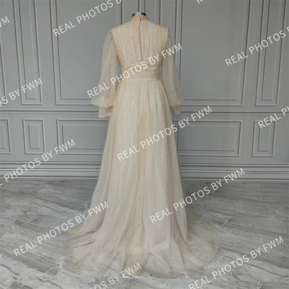 Real Photos Long Puffy Sleeves Side Slit A-line Beaded Pearls Tulle Evening Dress Women Prom Gown for Wedding Party