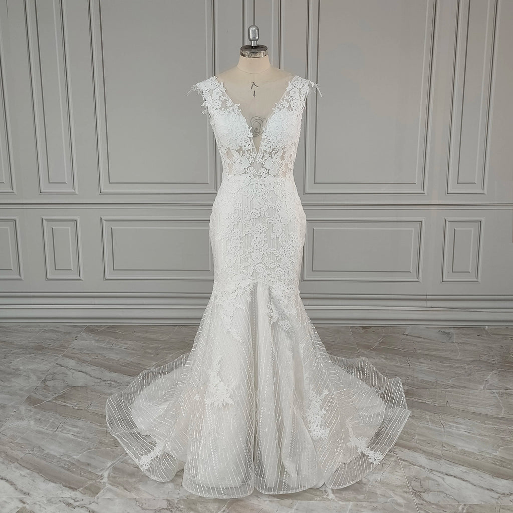 15903# Real Photos Exquisite Appliques Lace Backless Mermaid Wedding Dress Sleeveless Tulle Sweep Train Bridal Gown for Women