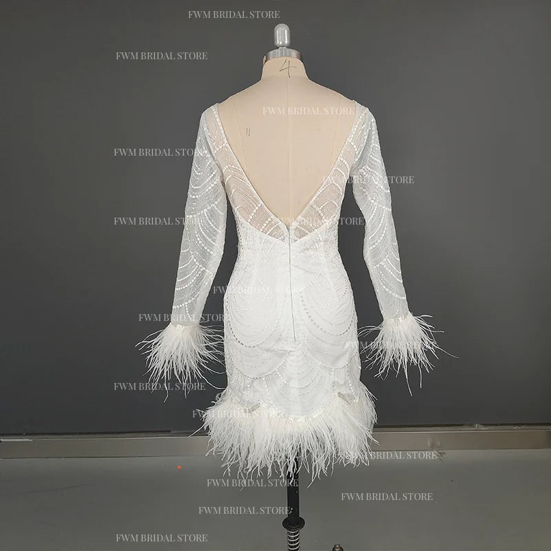 8990#Real Photos Exquisite Illusion Lace Backless Boat-neck Short Wedding Evening Dress Elegant Feather Long Sleeve Bridal Gown
