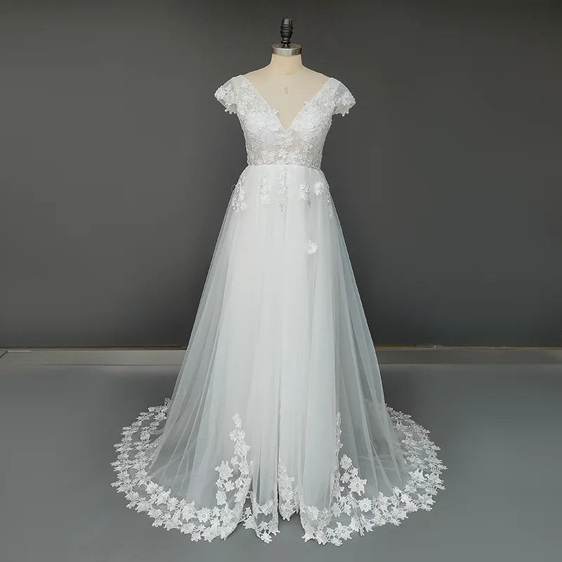 Real Photos Cap Sleeves 3D Flowers Appliques Lace A-line Wedding Dress Sweep Train V-Neck Bride Gown Bridal Dress for Women