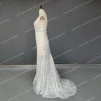 Real Photos Sexy Spaghetti Straps Deep V Neck Beading  Sequined Lace Wedding Dress Backless Mermaid Bridal Gown for Women