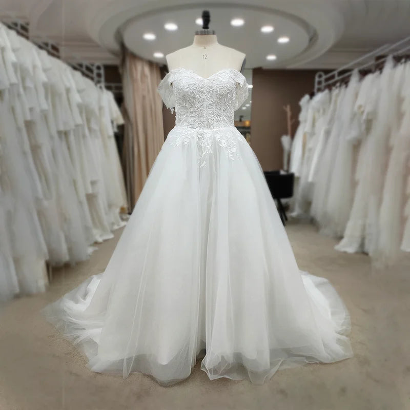9177#Real Photos Strapless Off-Shoulder Sweetheart Short Sleeve Backless Lace Applique  Bride Gown Wedding Dress Elegant