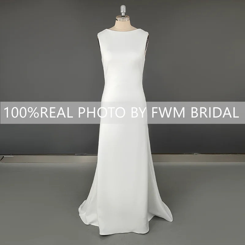 8763#Real Photos Simple Boat Neck Soft Satin Wedding Dress for Engagement Backless Sweep Train Bridal Gown Evening Dress