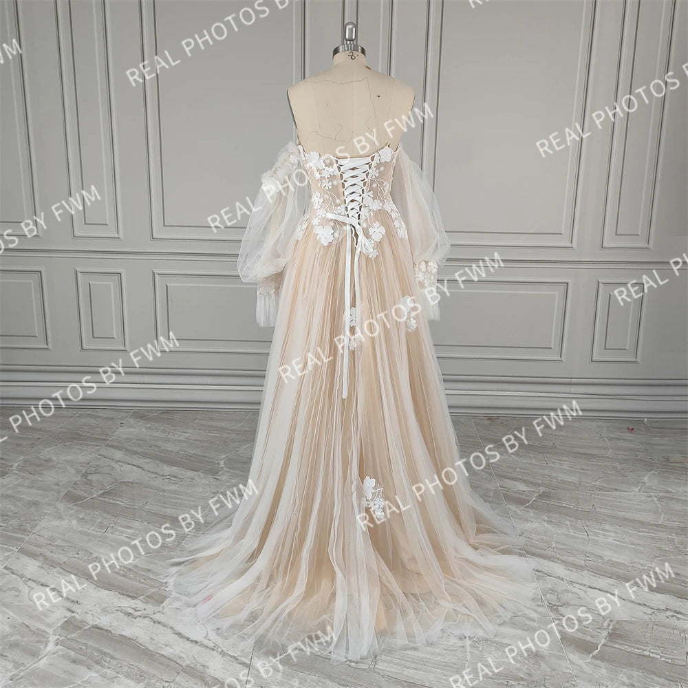 #2220 Real Photos Boho Detachable Puffy Sleeves Appliques Lace Strapless Wedding Dress for Women Pleated Tulle  Bridal Gown