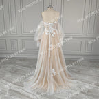 #2220 Real Photos Boho Detachable Puffy Sleeves Appliques Lace Strapless Wedding Dress for Women Pleated Tulle  Bridal Gown