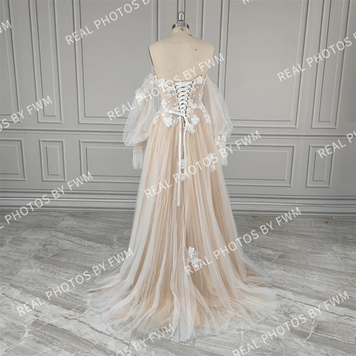 #2220 Real Photos Boho Detachable Puffy Sleeves Appliques Lace Strapless Wedding Dress for Women Pleated Tulle  Bridal Gown