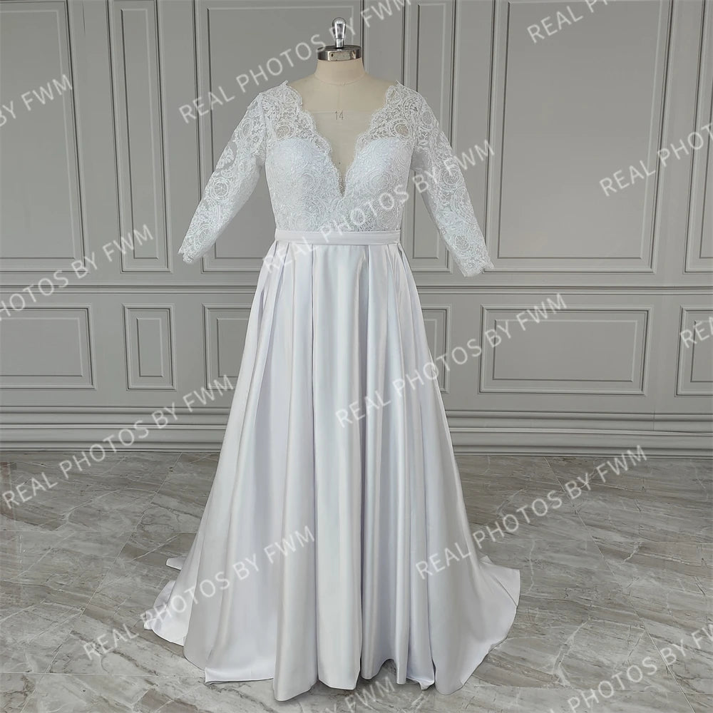 9355# Real Photos Boho 3/4 Sleeves V-neck Appliques Lace A-line Satin Wedding Dress Low Back Sweep Train Bride Gown for Women