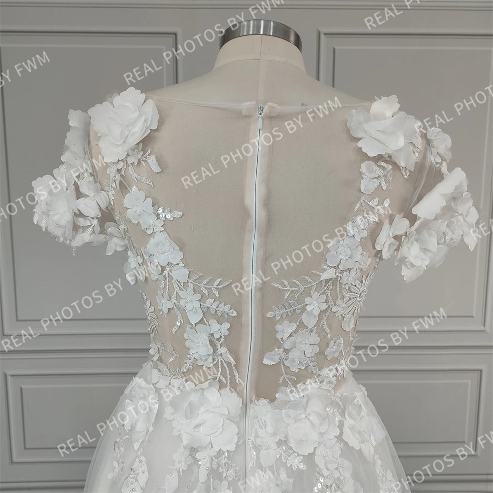 #8150 Real Photos Romantic 3D Flowers V-neck Sweep Train Backless A-line Lace Wedding Dress Bridal Gown for Women Custom Made