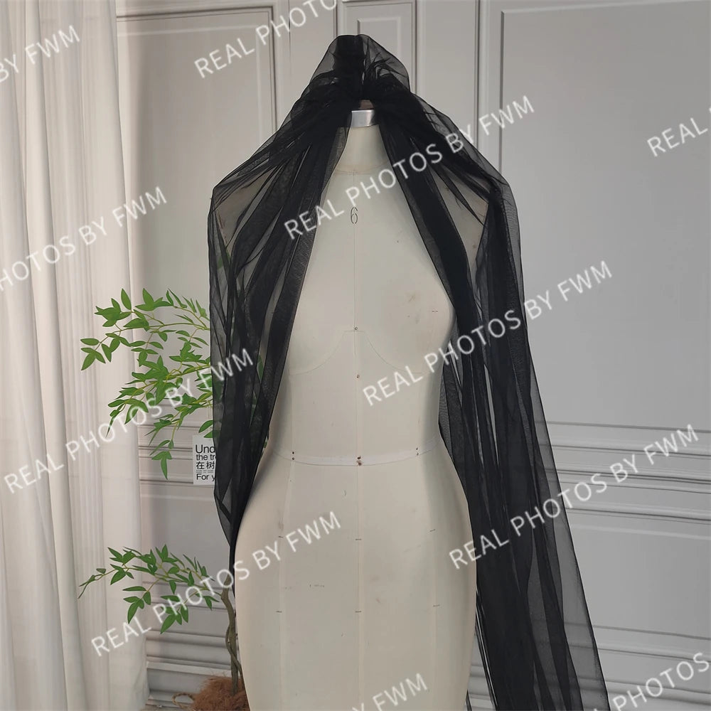Real Photos High Quality One Layer Black Appliques Sequined Lace Bridal Veil 300CM Long Wedding Veil Accessories for Wedding