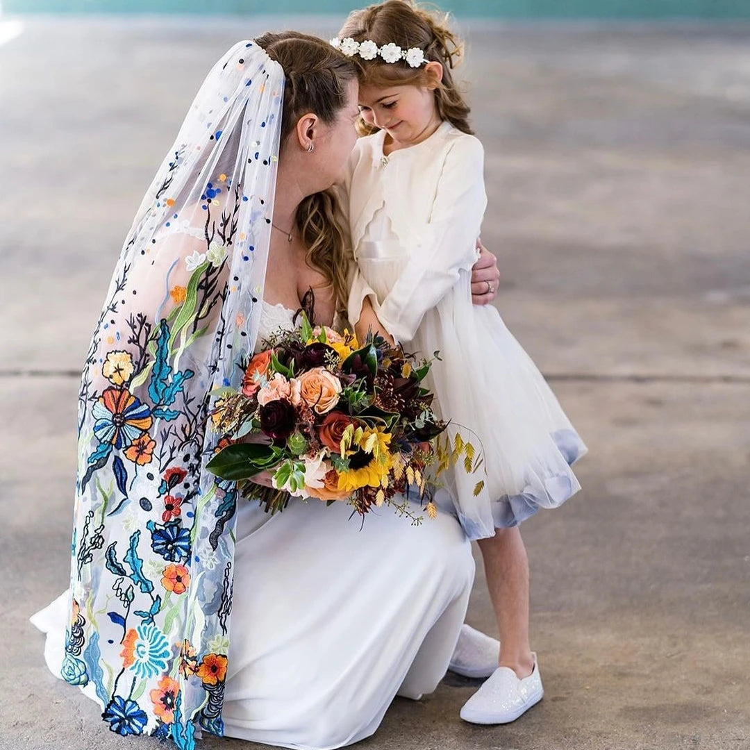 Real Photos High Quality One Layer Embroidered Flowers Lace Bridal Veil 120CM Long Wedding Veil Accessories for Wedding