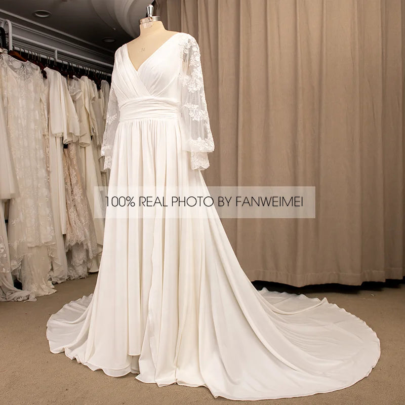#4221 Real Photos Gorgeous V-Neck Long Sleeve Backless Chiffon Lace Wedding Dress Sweep Train Bridal Gown Vestido De Noiva