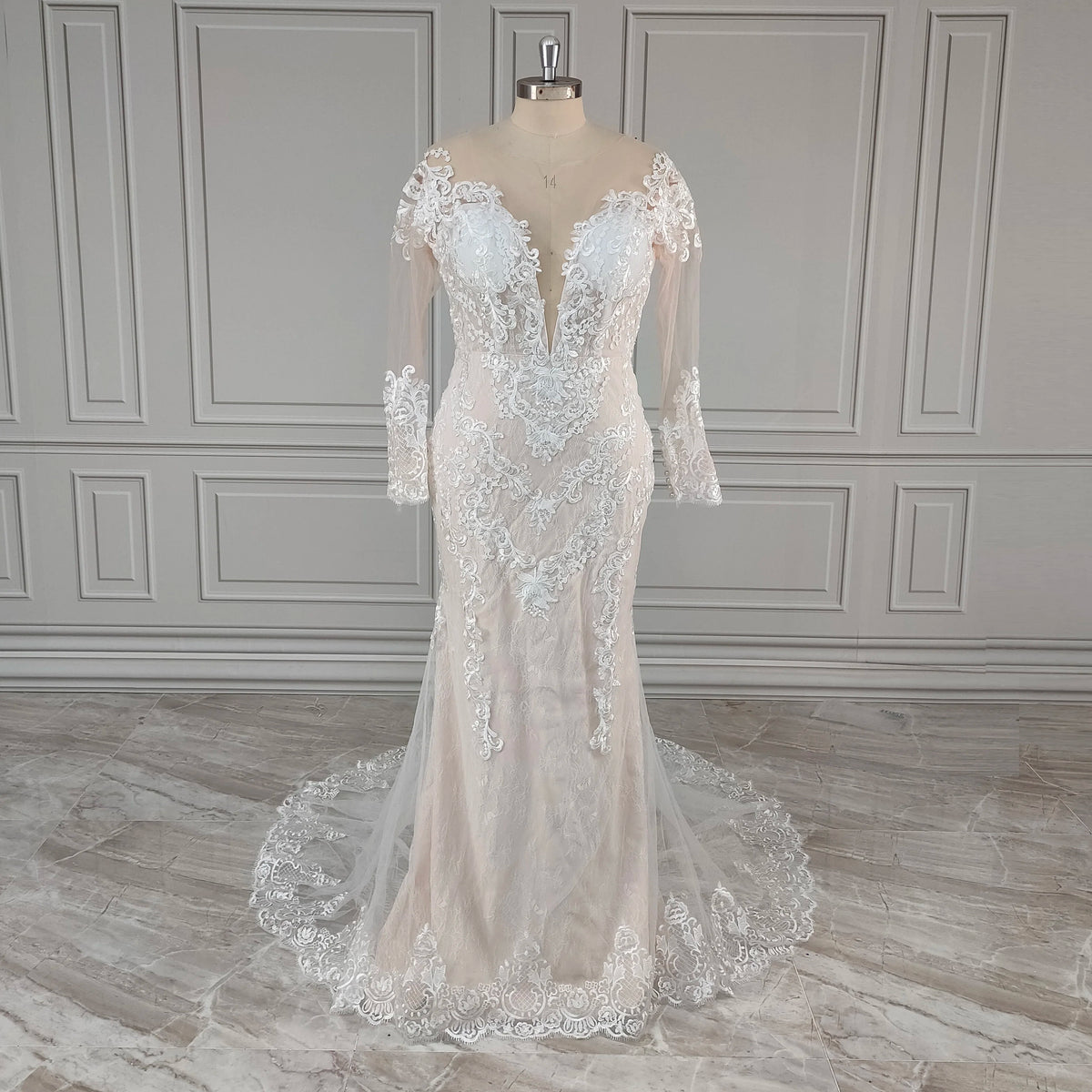 15883# Real Photos Long Sleeves Appliques Lace Mermaid Wedding Dress Sweep Train Backless Bride Gown for Women Vestidos De Novia