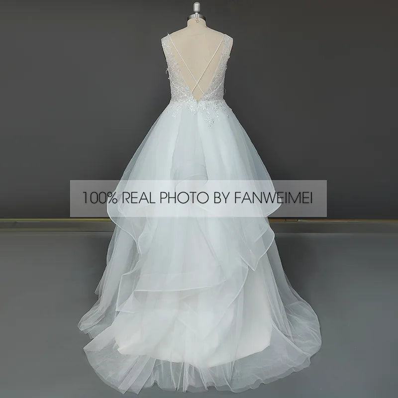 Real Photos Elegant Spaghetti Straps V-Neck Applique Lace Ball Gown for Wedding Ruffles Tulle  Women Wedding Dress Bridal Gown