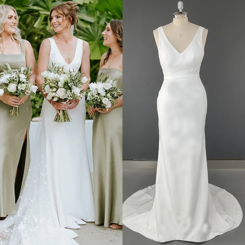 8705# Real Photos Simple Beach Sweep Train Wedding Dress V Neck Backless Soft Stain Bride Gown for Lawn Wedding Party