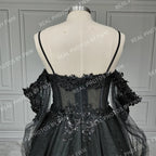 Real Photos Gothic Black Tulle A-line Spaghetti Straps Wedding Dress 3D Flower Sequined Bridal Gown Evening Dress for Women15403