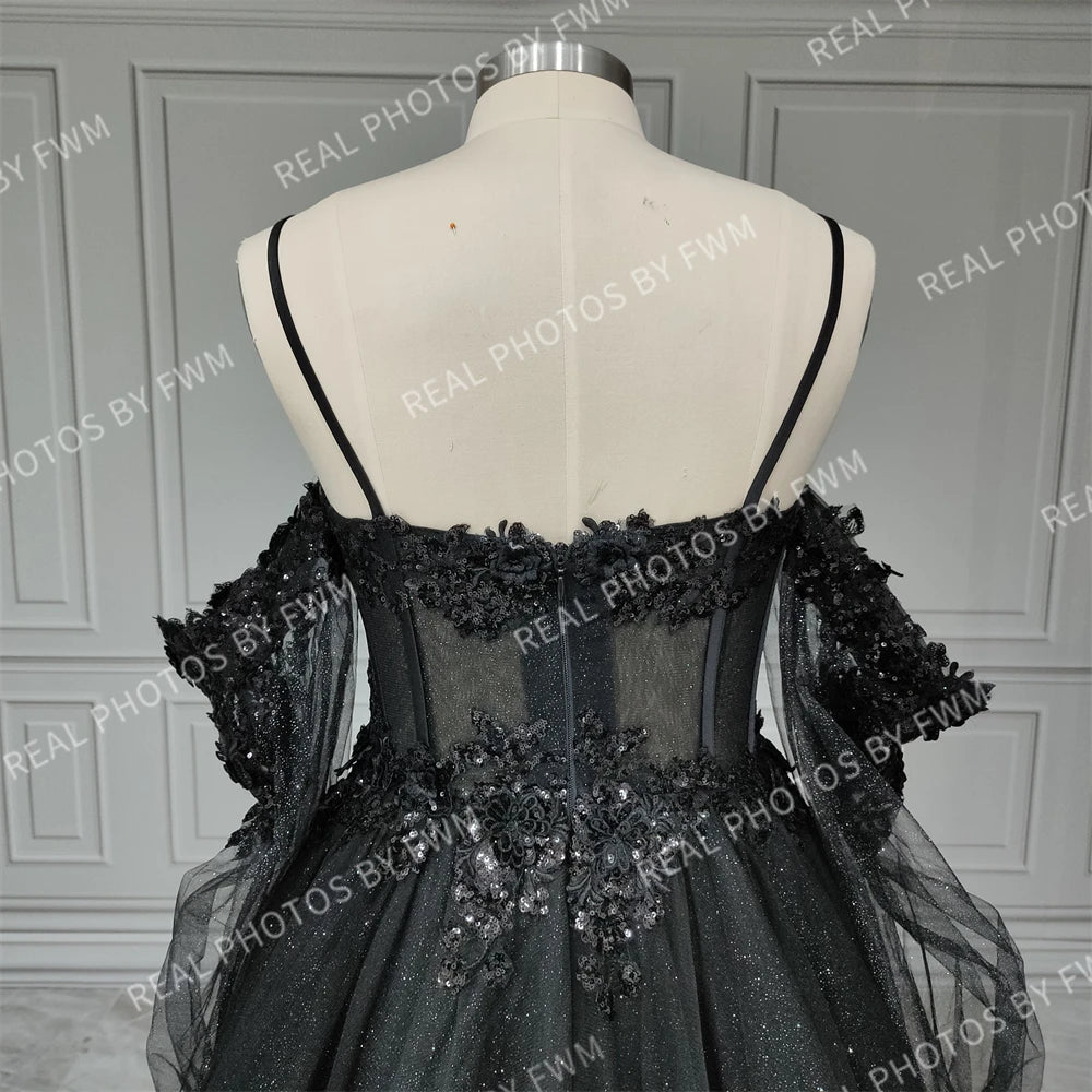 Real Photos Gothic Black Tulle A-line Spaghetti Straps Wedding Dress 3D Flower Sequined Bridal Gown Evening Dress for Women15403