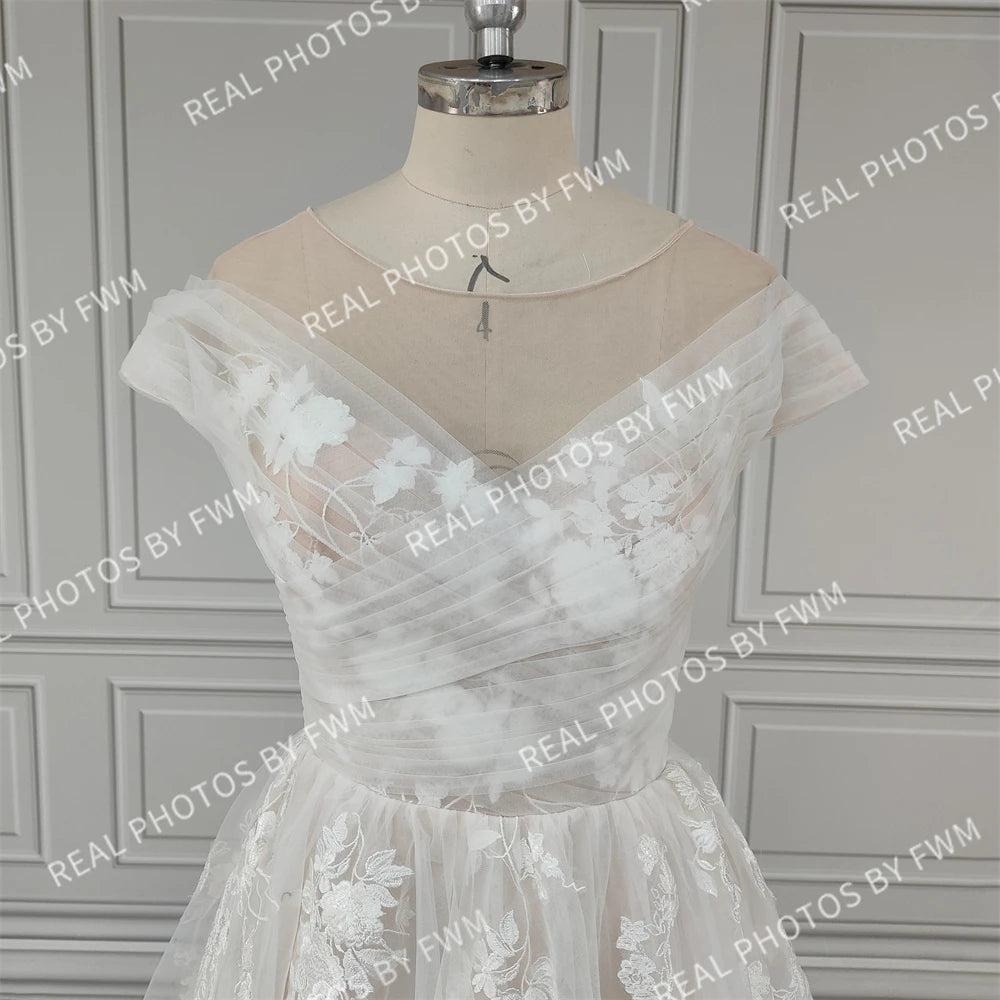 Real Photos Off Shoulder V-neck Backless A-line Wedding Dress Elegant Ruffles Lace Sweep Train Bridal Gown Bridal Dress