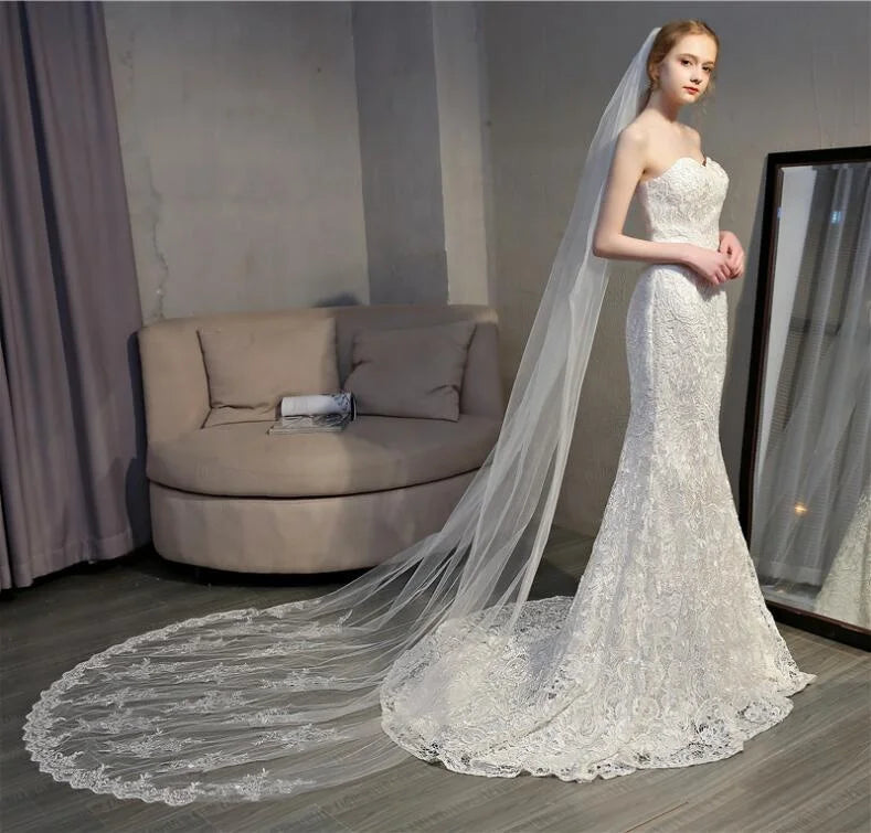 3 Meters Luxury Cheap White Wedding Veil Bridal Veil Lace Wedding Veil for Bride