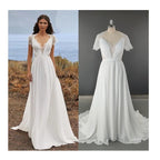 11559# Real Photos Short Lace Sleeves Soft Chiffon Beach Wedding Dress V-neck Pleat Sweep Train Bohemia Bridal Gown