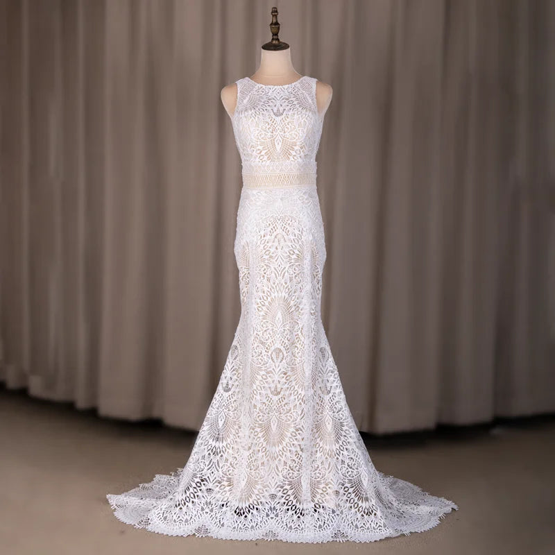 Real Photos Boho Sleeveless Appliques Lace Mermaid Wedding Dress for Woman Sweep Train Backless Bride Gown for Wedding