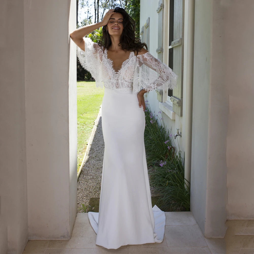 10586#Real Photos Spaghetti Strap Lace Bohemian Deep V-Neck Open Back Sheath Wedding Dress Wedding Bridal Gown
