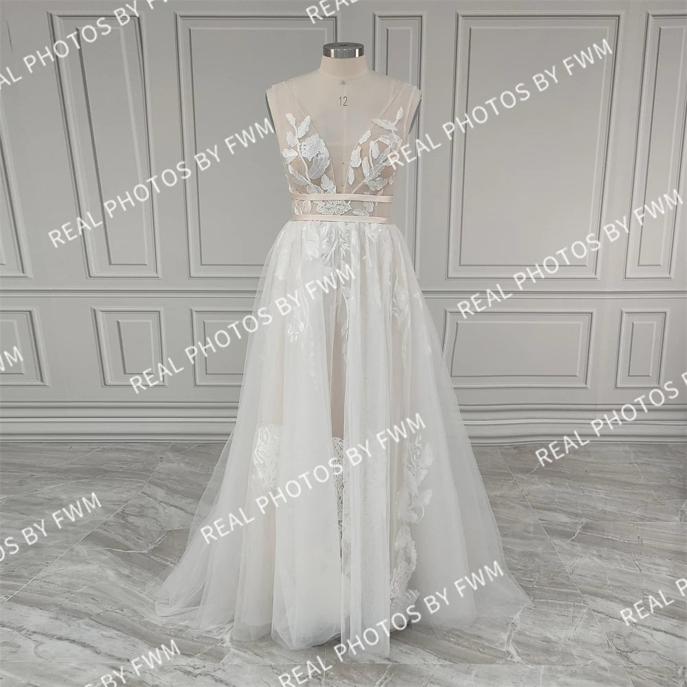 Real Photos High Quality V-Neck Tulle A-line Wedding Dress Elegant Women Appliques Lace Low Back Bride Gown  Bridal Dress