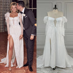 12712# Real Photos Exquisite Beading Lace Backless Square Collar Shiny Sequined Wedding Dress High Slit Bridal Gown for Women