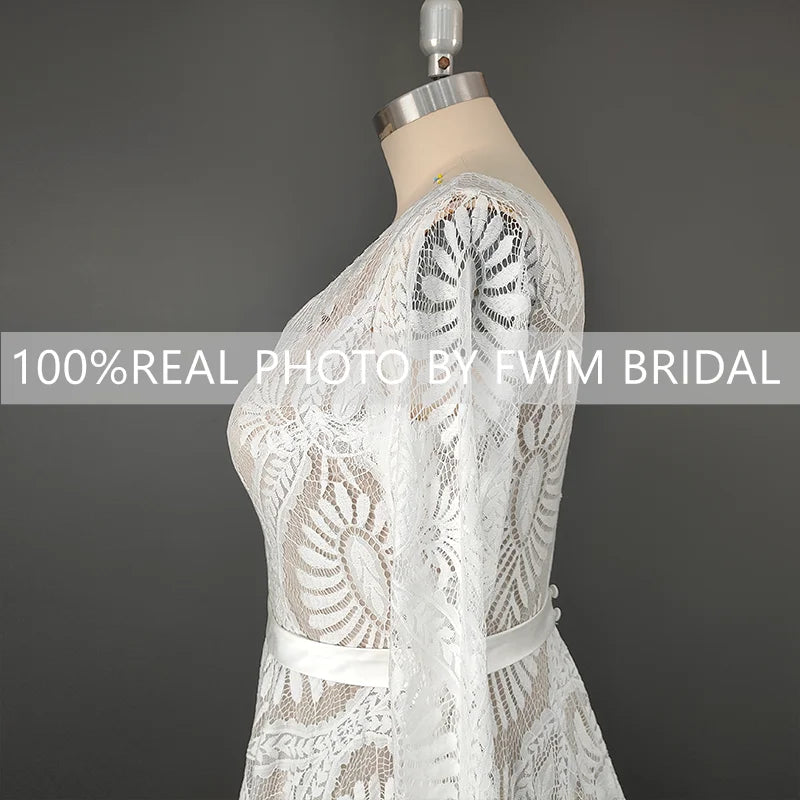 15148# Real Photos Long Sleeves Appliques Lace Wedding Dress Bohemia Spring V-neck Sweep Train Bridal Gown for Engagement