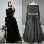 8471# Real Photos Black Vintage Long Sleeves Boat Neck Tulle A-line Wedding Dress Bridal Gown Bridal Evening Dresses for Women